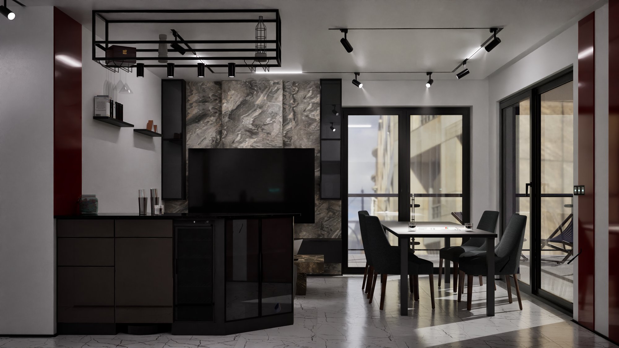 Apartament loft - ciemna strefa dzienna z jadalnią