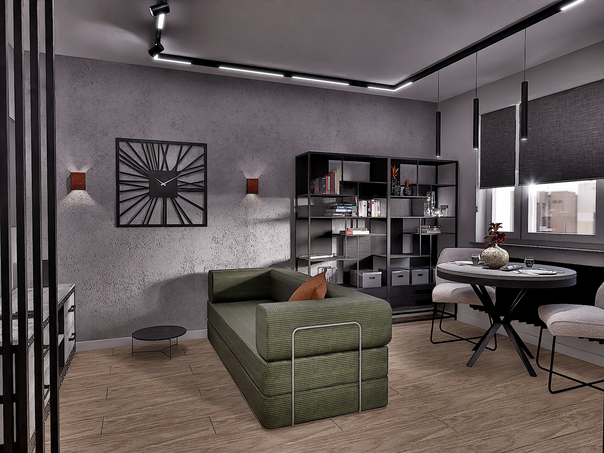 Industrial green - salon z oliwkową sofą