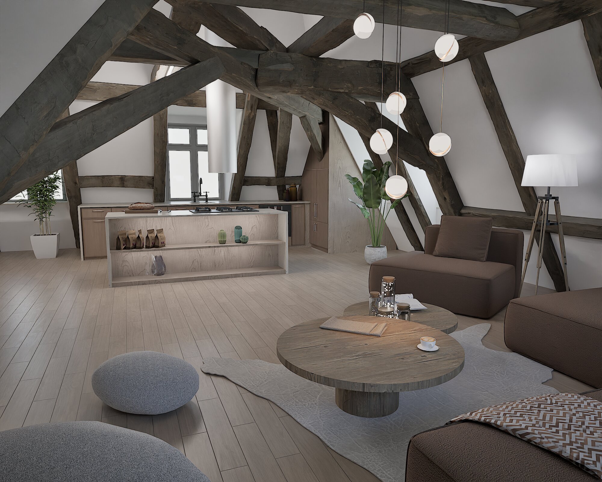 Loft ceglany - salon pod odsłoniętymi belkami