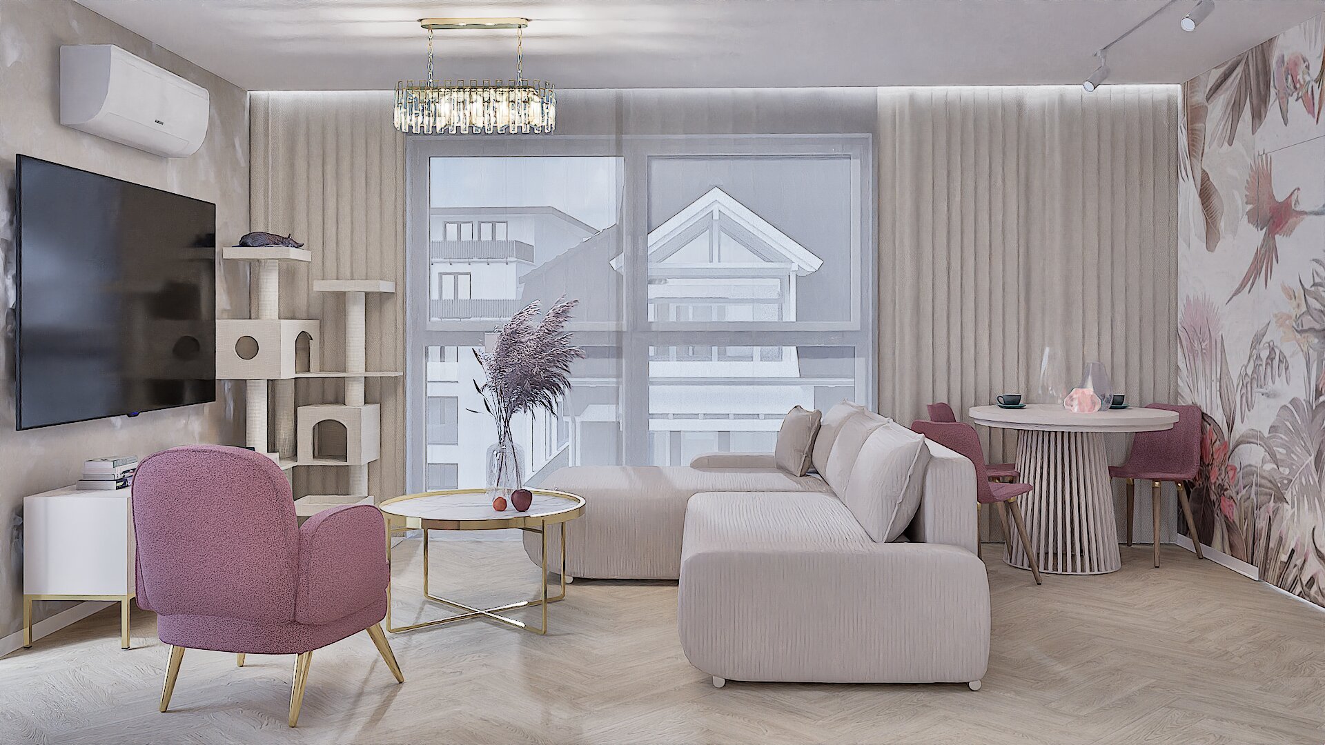 Apartament glamour - jasny salon z różowym fotelem